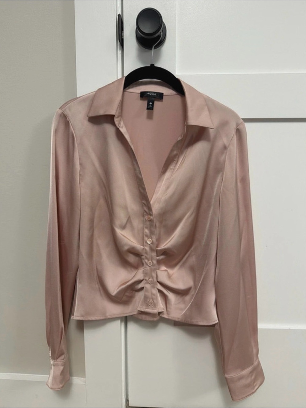 AQUA Blush Pink Satin Ruched Button-Front Shirt